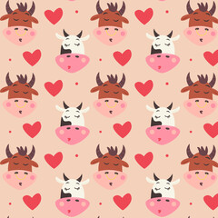 Cow and bull head pattern with kiss and hearts. Valentine's day digital paper with cute animals. Children repeatable gift wrap for lovers. Vector holiday print on beige background