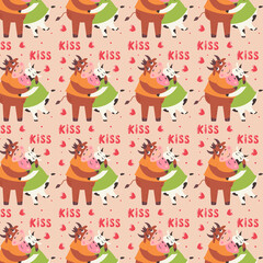 Pattern couple in love bull and cow hugging. Valentine's day digital paper with cute animals. Children repeatable gift wrap for lovers. Vector holiday print on beige background