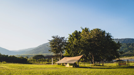 tourist tent camping in mountains near lake, Khao Yai National park, Thailand