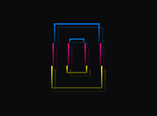 O letter font, vector desing logo.Dynamic, split-color, blue, pink, yellow on black background. Eps10 illustration