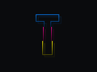 T letter font, vector desing logo.Dynamic, split-color, blue, pink, yellow on black background. Eps10 illustration
