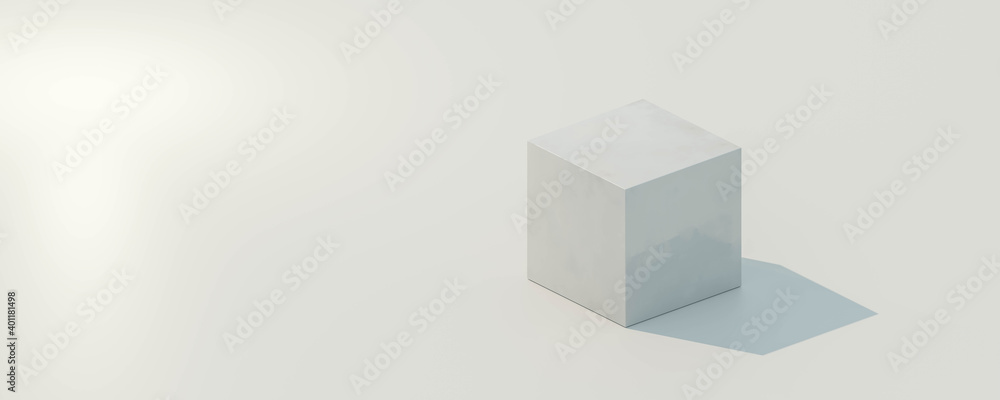 Poster abstract white cube block with sun lighting and shadow 3d render illustration