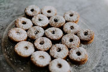 traditional german homemade sweet rounded butter cookies with marmalade closeup photo, delicious christmas seasonal snack