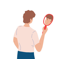 Fototapeta premium Man looking in the mirror and smiling to hir reflection. Concept of self-love and acceptance. Young guy looks kindly at his mirroring. Flat cartoon illustration