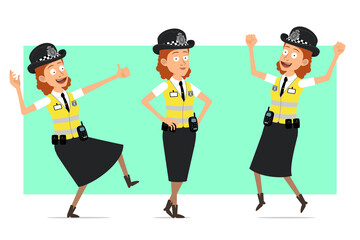 Cartoon flat funny british police woman character in yellow jacket with badge. Girl umping up, dancing and showing thumbs up sign. Ready for animation. Isolated on green background. Vector set.
