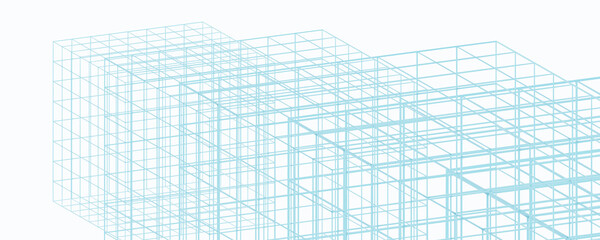 blue wireframe mesh cubes - square shape, connection, wireframe, network 3d render illustration