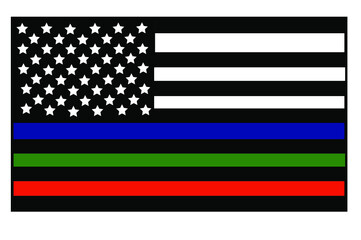 Vector illustration of USA black and white flag with a thin blue, green and red lines in honour of firefighters, law enforcement officers and the USA military. 