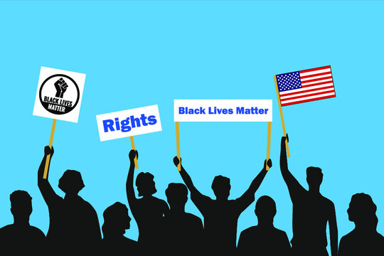 Vector illustration of demonstrators holding posters to support black lives matter movement on blue background.