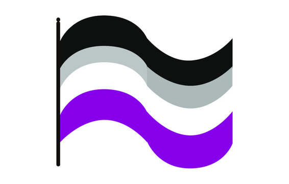 Vector illustration of waving asexual pride flag on white background: black, grey, white and purple horizontal stripes. Asexual community symbol.