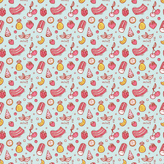 Naklejka premium Vector Sweets. Bubble Gum, Fruits, Berries Seamless pattern. Hand Drawn Doodle Chewing Gums. 