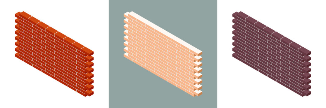 Set of brick walls with cement mortar isolated on white background. Red brick wall. White brick wall. Brown brick wall. Set of colorful isometric walls. Vector illustration. 3D.