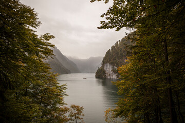 Scenic mountain panorama view at lake Koenigssee in Bavaria, Germany