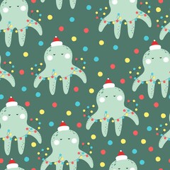 holiday seamless pattern with octopus. Merry Christmas. Colorful vector, flat style. design for fabric, print, wrapper