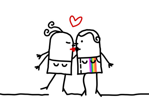 Cartoon Lesbian Women Couple, Kissing and Loving