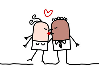 Cartoon Mixed Ethnic Couple, Kissing and Loving