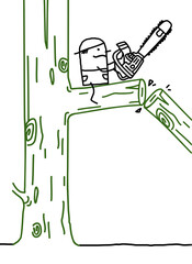 Cartoon Woodcutter with Chain-saw on the Right side of the Branch