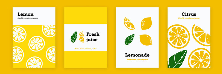 Set of backgrounds with lemons. Decorative lemonade poster for printing. Hand drawn backdrop with citrus fruits. Vector illustration design - obrazy, fototapety, plakaty