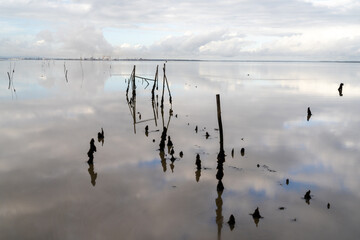 view of the broken old docks and piers at Cais Palatifico on the Sado River Estuary