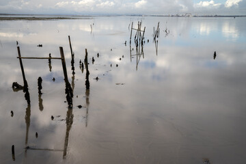 view of the broken old docks and piers at Cais Palatifico on the Sado River Estuary