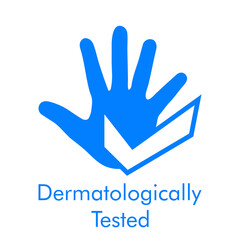 Logotipo con texto Dermatologically Tested con silueta de mano con símbolo aprobado en color azul