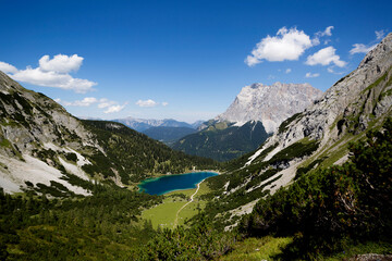 Naklejka na ściany i meble Top view of mountain lake Seebensee, Austrian Alps