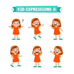 cute little kid girl in various expressions and gesture set