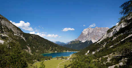Naklejka na ściany i meble Top view of mountain lake Seebensee, Austrian Alps