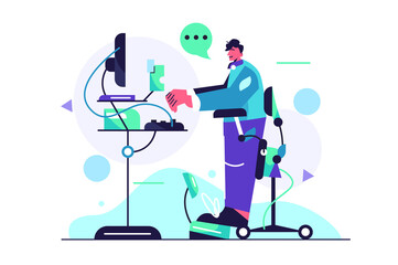 Young guy working at a computer at a lifting table on a standing chair isolated on a white background, flat vector illustration