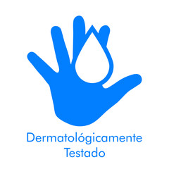 Fototapeta premium Logotipo con texto Dermatológicamente Testado en español con silueta de mano con gota en color azul