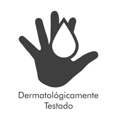 Fototapeta premium Logotipo con texto Dermatológicamente Testado en español con silueta de mano con gota en color gris