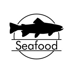 Logotipo con texto Seafood con silueta de trucha o salmón en círculo con lineas en color negro
