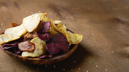 Vegetable chips made from potatoes, beets, carrots