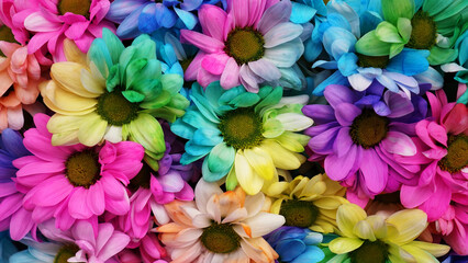 Rainbow Daisies. Rainbow Flower. Bouquets of blossom rainbow flowers, selective focus. Multi...