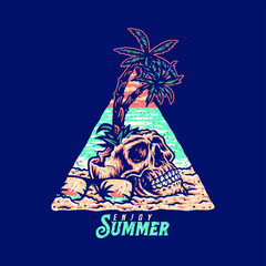 Skull summer beach t shirt graphic design, hand drawn line style with digital color, vector illustration