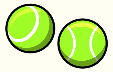 Two tennis balls from different angles. Simple cartoon illustration of sports equipment. Green balls with shadow and light. Icon and logo for fitness tournament, championship or competition.