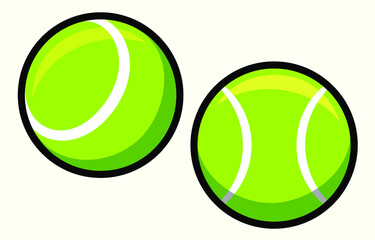 Two tennis balls from different angles. Simple cartoon illustration of sports equipment. Green balls with shadow and light. Icon and logo for fitness tournament, championship or competition.