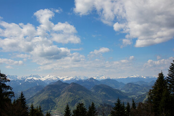 Fototapeta na wymiar Mountain panorama at Seekarkreuz mountain in Bavaria, Germany, springtime