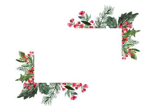 Christmas border with watercolor hand painted winter greenery, pine, fir tree branches, branches and red holly berries on white background. Winter Holiday frame, photo card template.