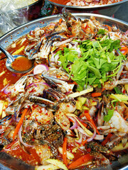 Street food market in Asia. Food counters