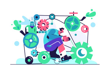The guy rides a mechanism in the form of large gears, pipes with smoke, electricity, isolated on a white background, flat vector illustration