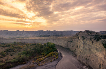 Stunning landscape of river cliffduring sunset in Mijniskure. Vashlovani national park