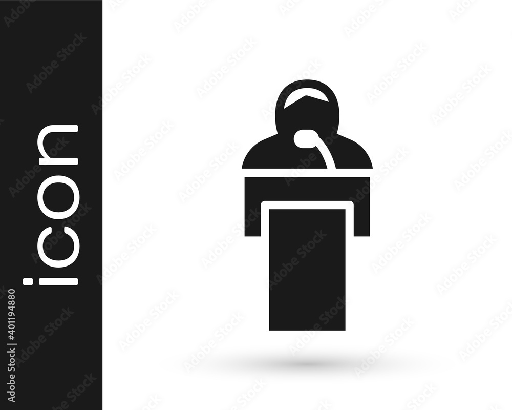 Poster black gives lecture icon isolated on white background. stand near podium. speak into microphone. the