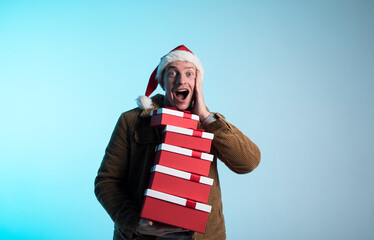 Obraz premium Merry Christmas holiday man fun lifestyle. Emotion. Funny photo. Christmas. Fun. Holidays. 