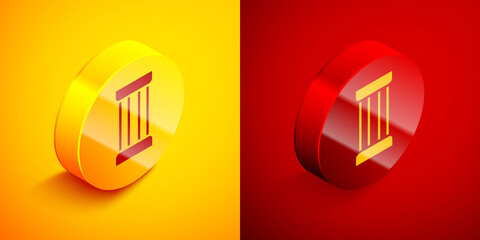 Isometric Ancient column icon isolated on orange and red background. Circle button. Vector.