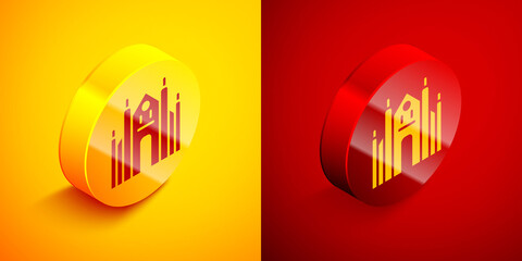 Isometric Milan Cathedral or Duomo di Milano icon isolated on orange and red background. Famous landmark of Milan, Italy. Circle button. Vector.