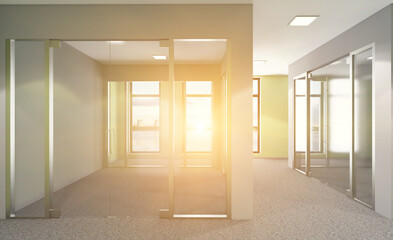 Empty modern office Cabinet. Meeting room. 3D rendering.. Sunset.