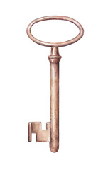 watercolor drawing old beautiful vintage key darkened metal unusual shape 1