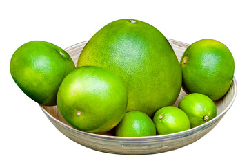 Isolated plate with green citruses fruits. Cutout set of limes, pomelo, grapefruits on white background.