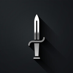 Silver Dagger icon isolated on black background. Knife icon. Sword with sharp blade. Long shadow style. Vector.
