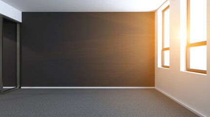 Elegant office interior. Mixed media. 3D rendering.. Blank room.  Mockup.. Sunset.